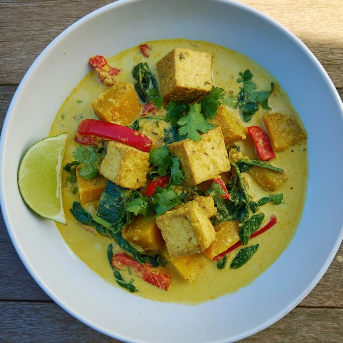 Golden tofu cubes and tender pumpkin swim in a creamy coconut curry sauce flecked with fresh cilantro