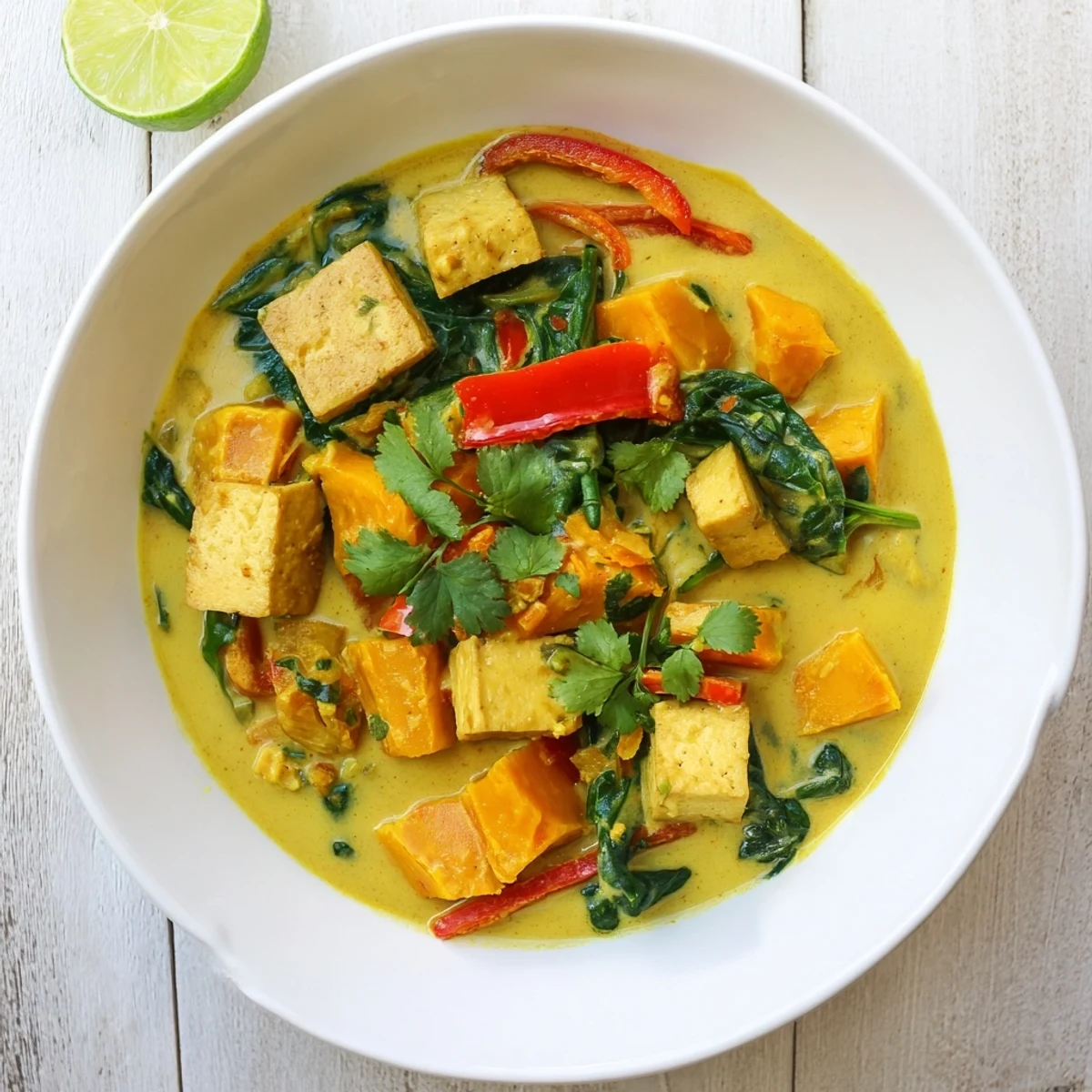 Creamy Indian-inspired pumpkin curry topped with crispy fried tofu and vibrant baby spinach in a rustic bowl