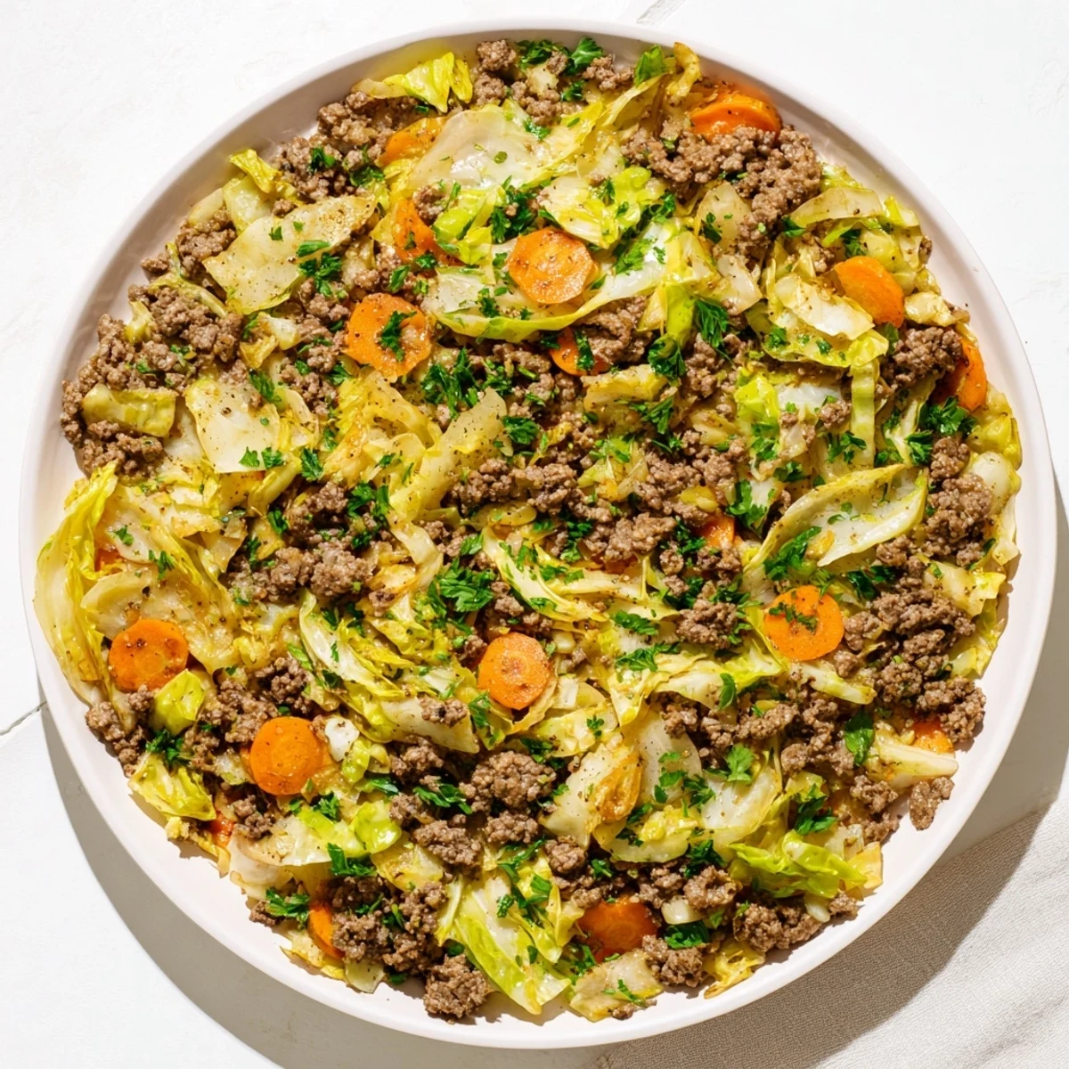 Hearty Irish ground beef and cabbage with carrots and onions served hot for a comforting dinner