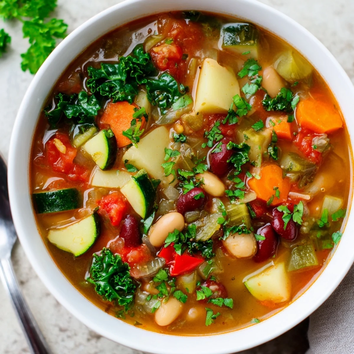 Steaming bowl of hearty vegetable and bean soup featuring tender potatoes, carrots, and colorful vegetables in rich broth