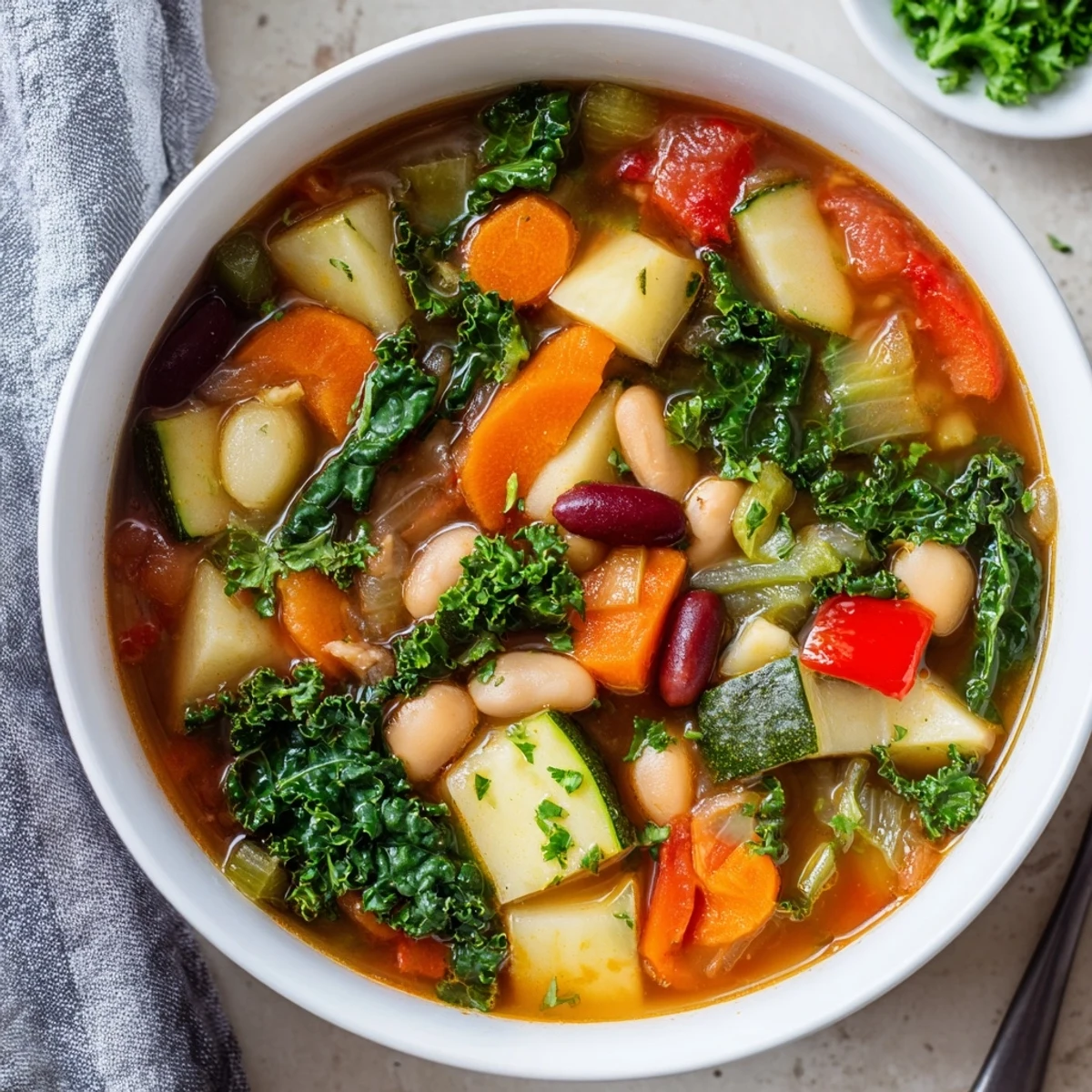 Rustic hearty vegetable and bean soup ladled into white bowl, garnished with fresh parsley and crusty bread on side