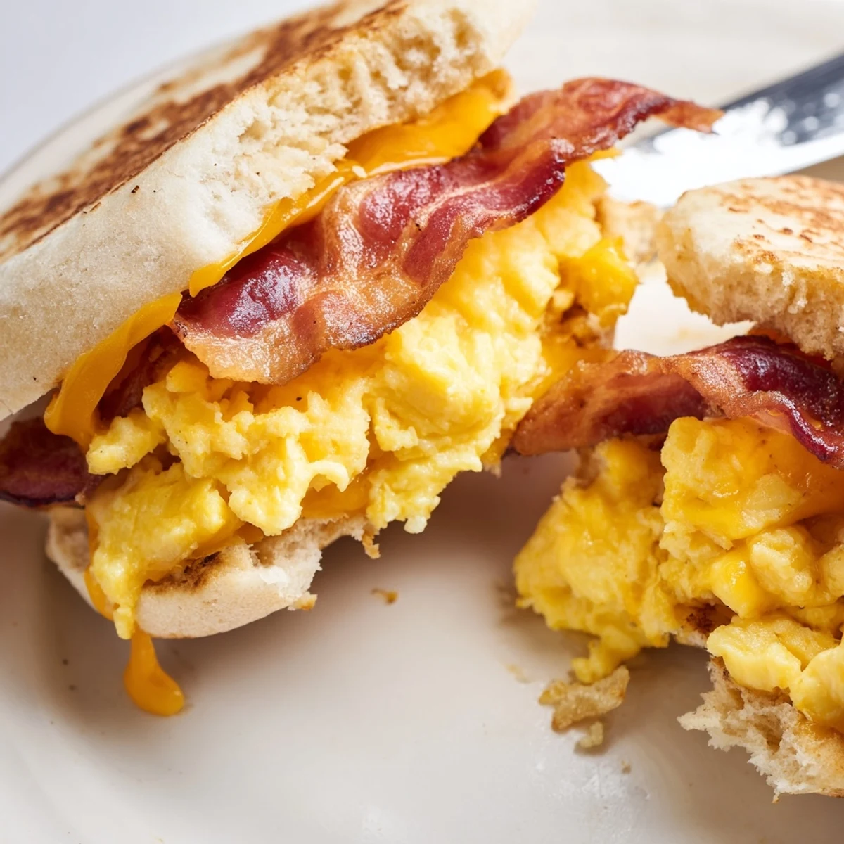 Golden griddle breakfast sandwich with crispy bacon, fluffy scrambled eggs, and melted cheddar on toasted English muffin