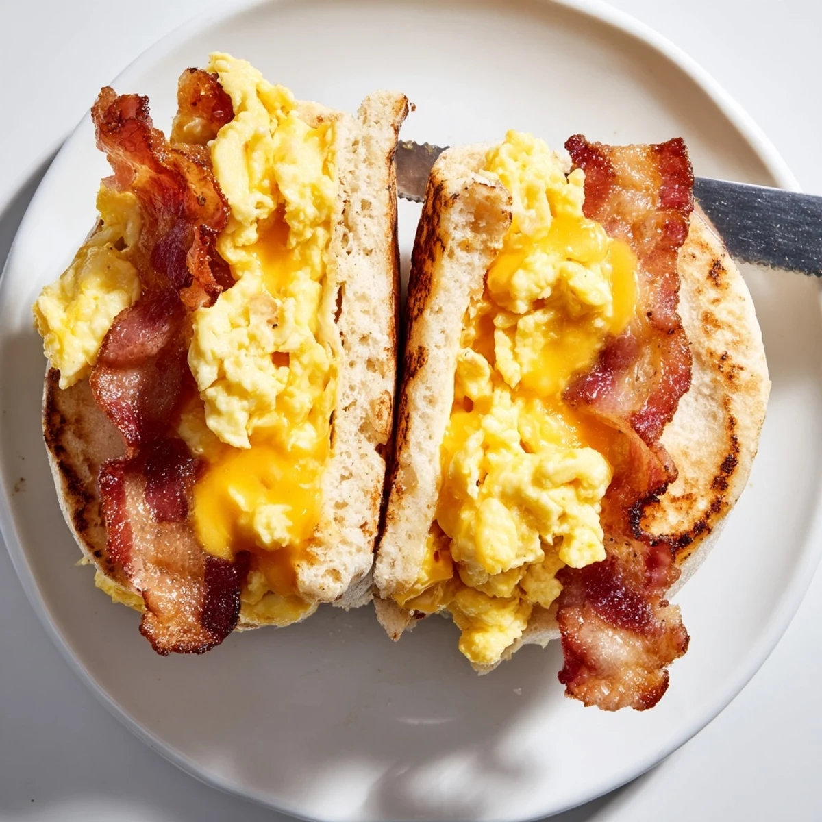 Hearty American breakfast sandwich stacked with sizzling bacon, cheesy eggs, and griddle-toasted English muffin halves