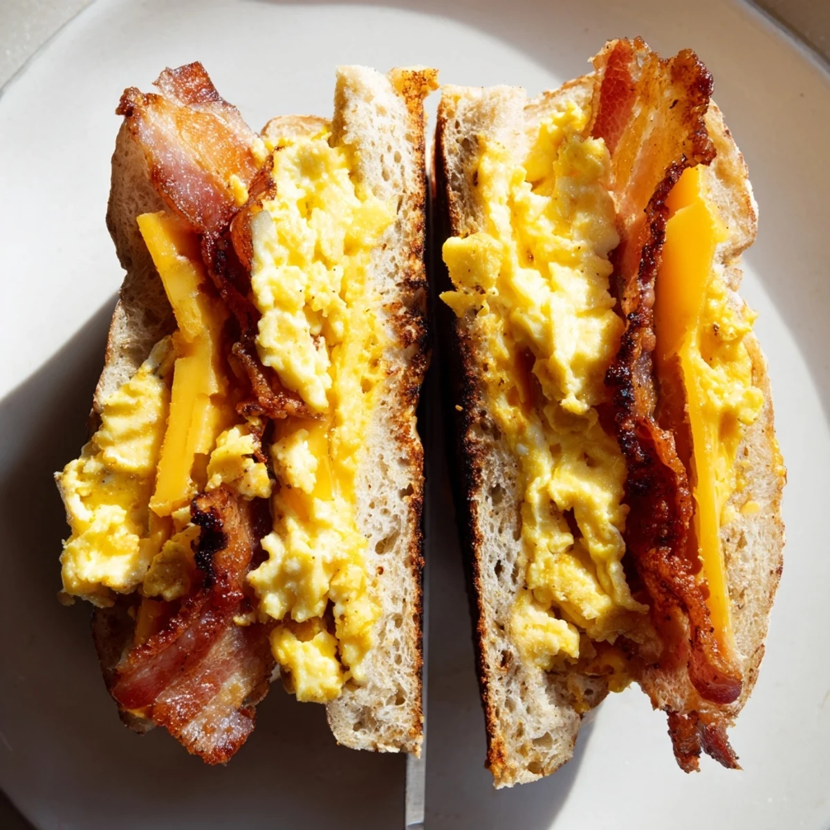 Homemade griddle breakfast sandwich featuring layers of crispy bacon, creamy scrambled eggs, and gooey melted cheese