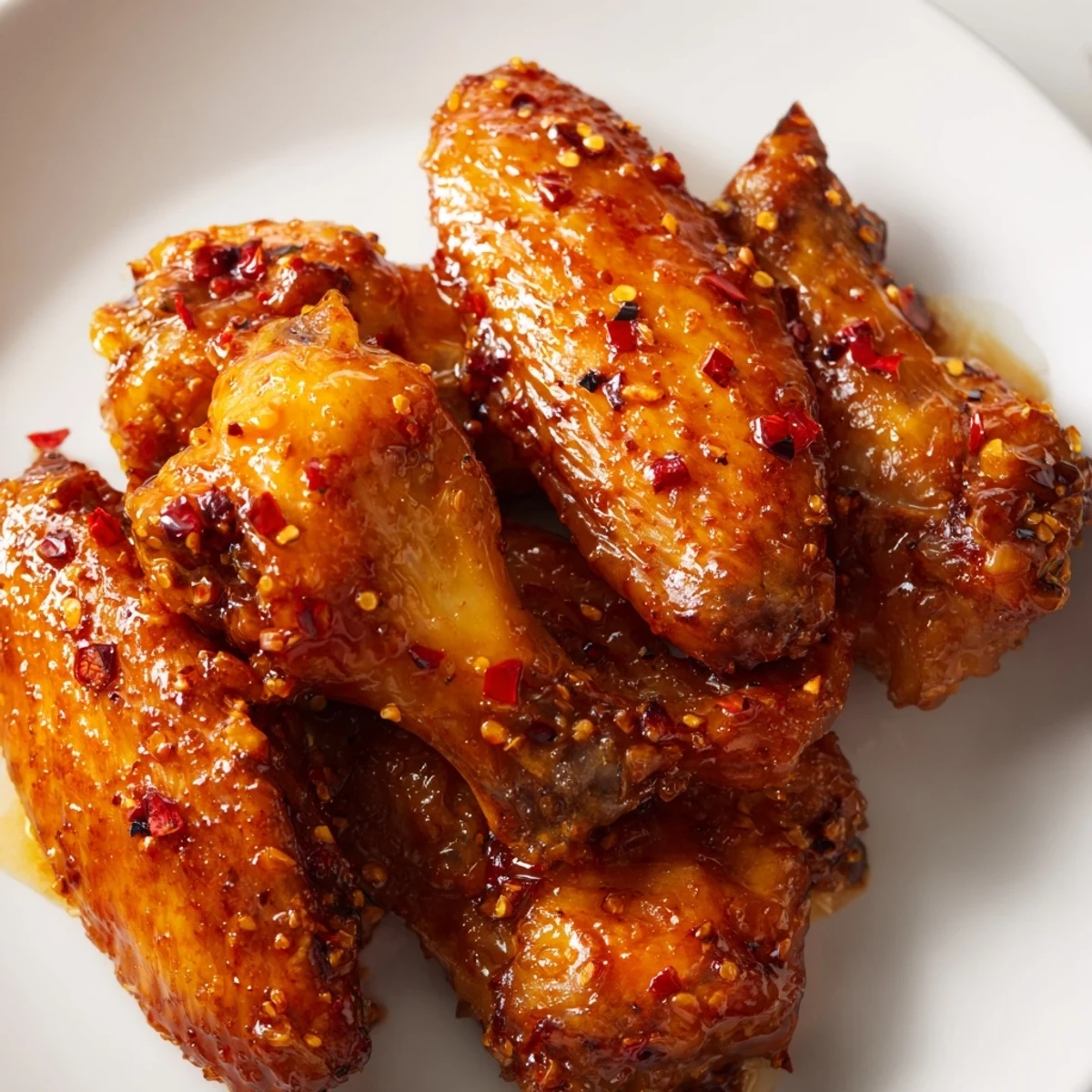Golden smoked hot honey chicken wings glistening with spicy sweet glaze on a platter