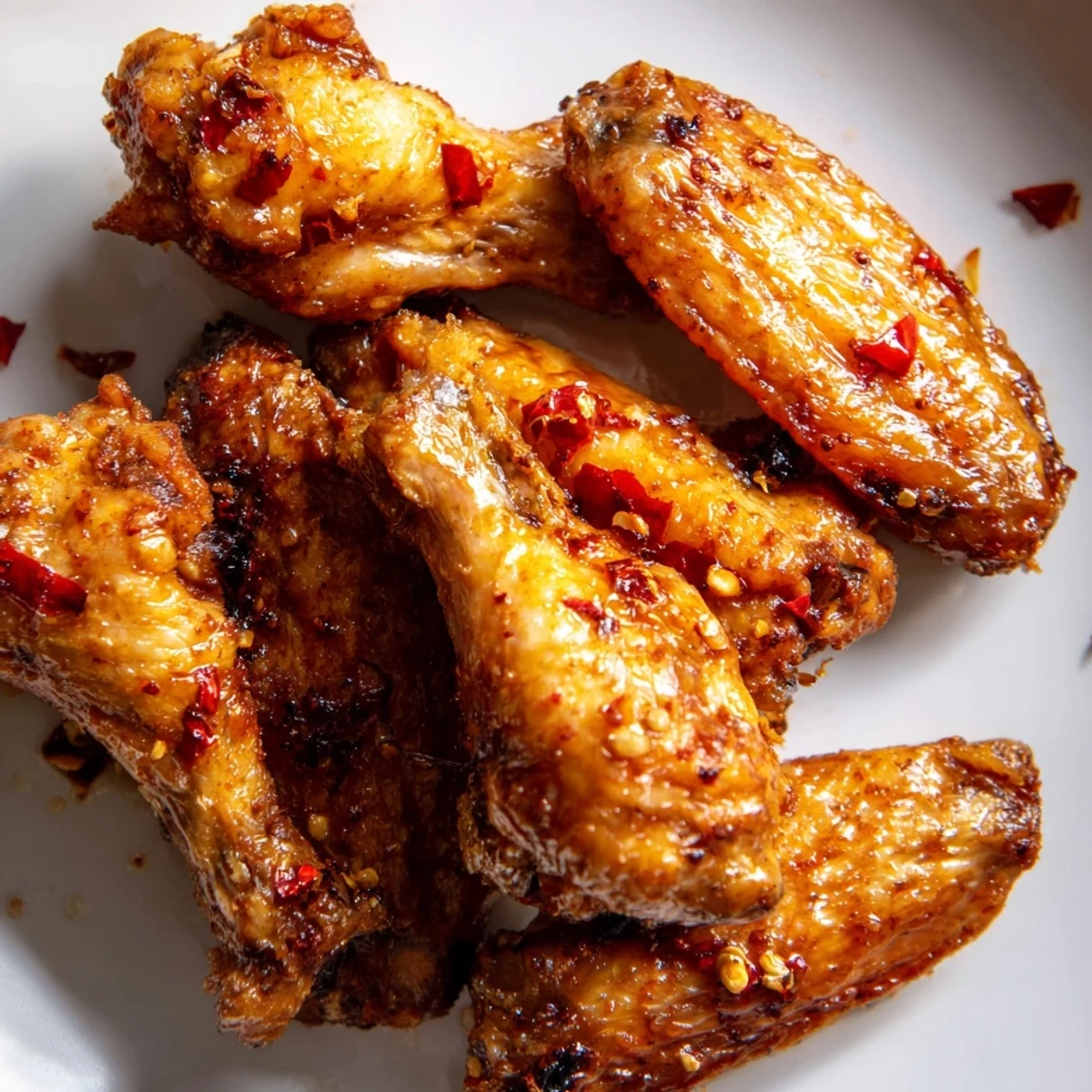 Plate of smoked hot honey chicken wings glazed with honey and hot sauce