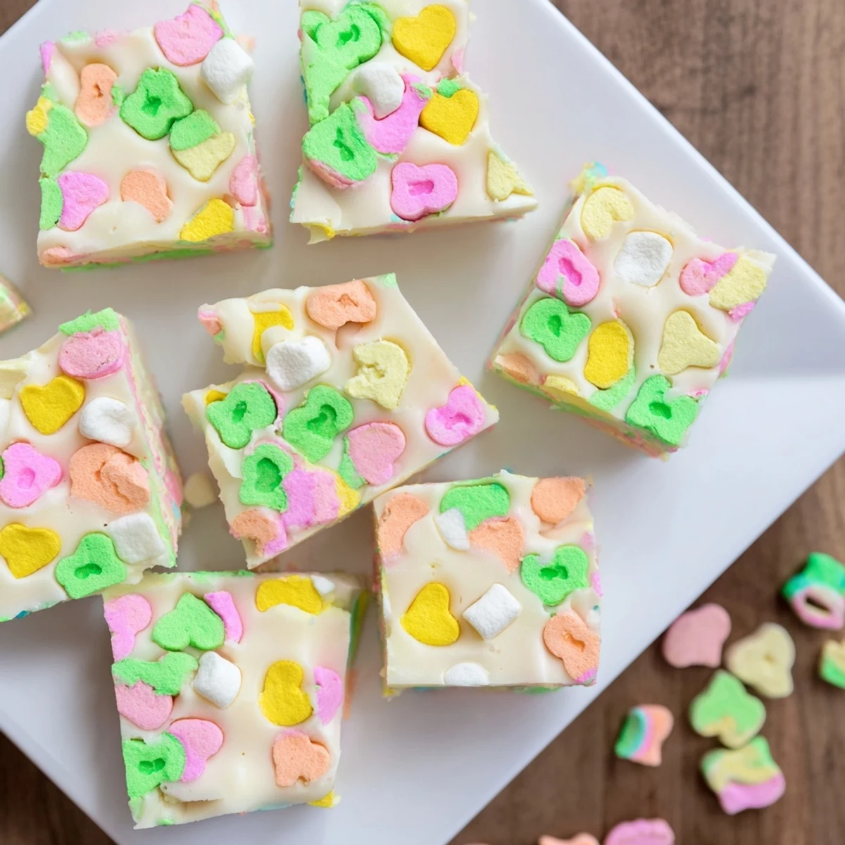 Whimsical easy Lucky Charms fudge arranged on a serving platter for parties