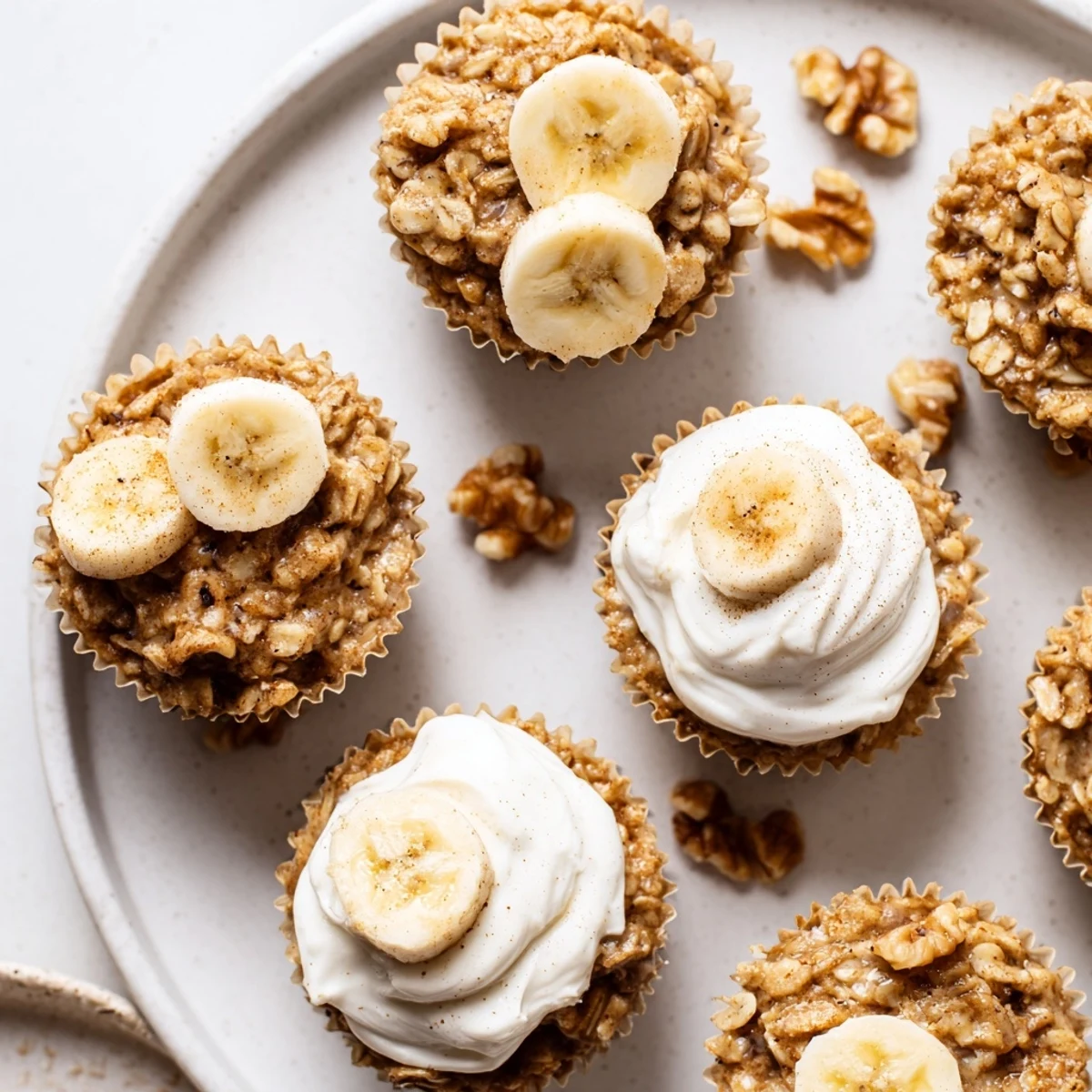 Golden banana baked oatmeal cups topped with a creamy dollop of Greek yogurt