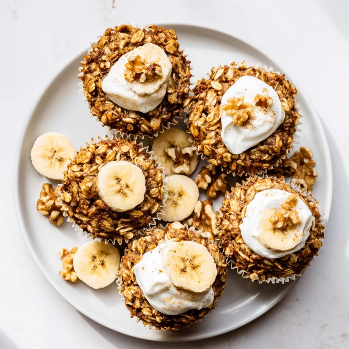Moist banana oatmeal muffins crowned with thick Greek yogurt and a drizzle of honey