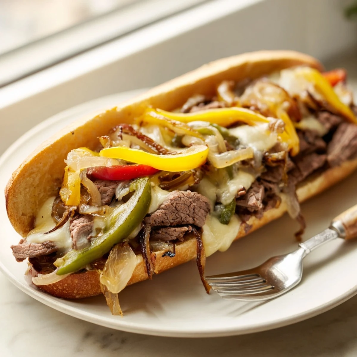 Ultimate griddled cheesesteak piled high with juicy beef peppers and melted cheese on buttered bread