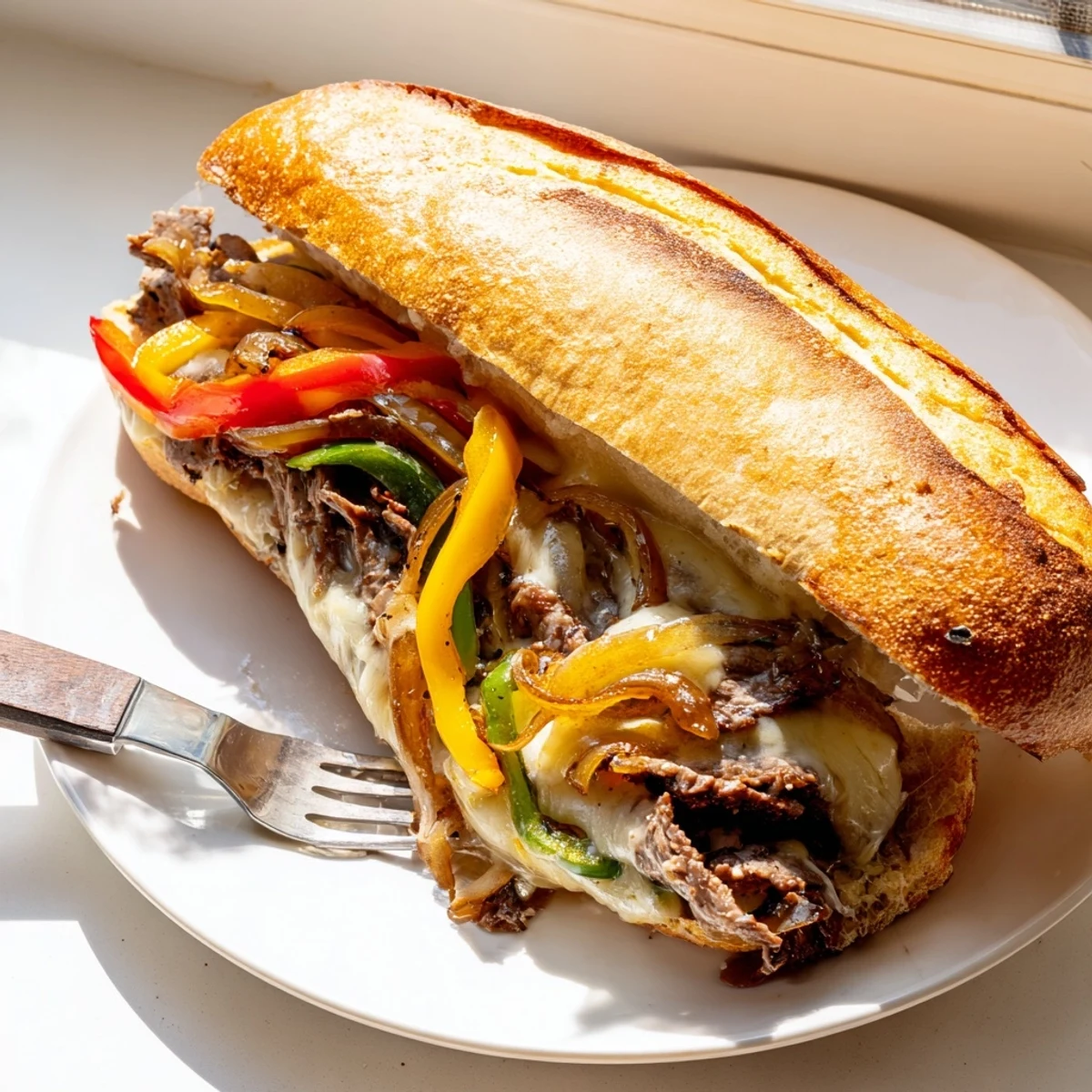 Sizzling ultimate griddled cheesesteak sandwich loaded with melted provolone caramelized onions and sliced ribeye steak