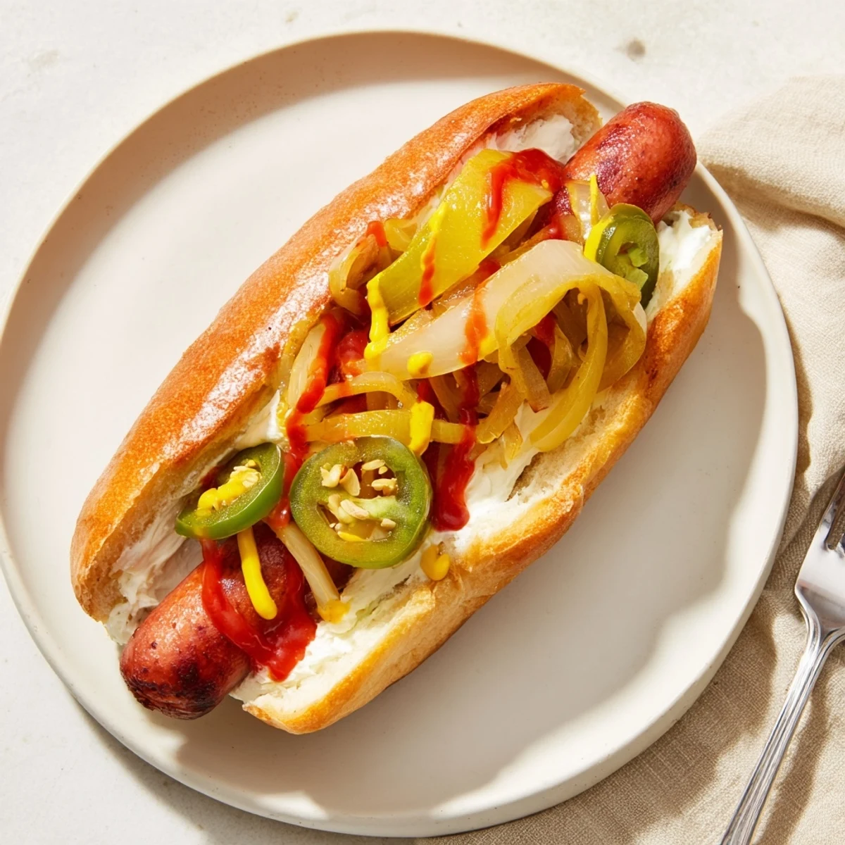 Grilled Seattle hot dog topped with melted cream cheese and golden sautéed onions in toasted bun