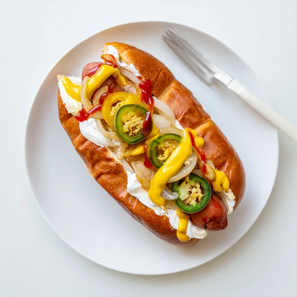 Seattle hot dog loaded with creamy cheese topping, caramelized onions, and classic condiments on warm brioche bun