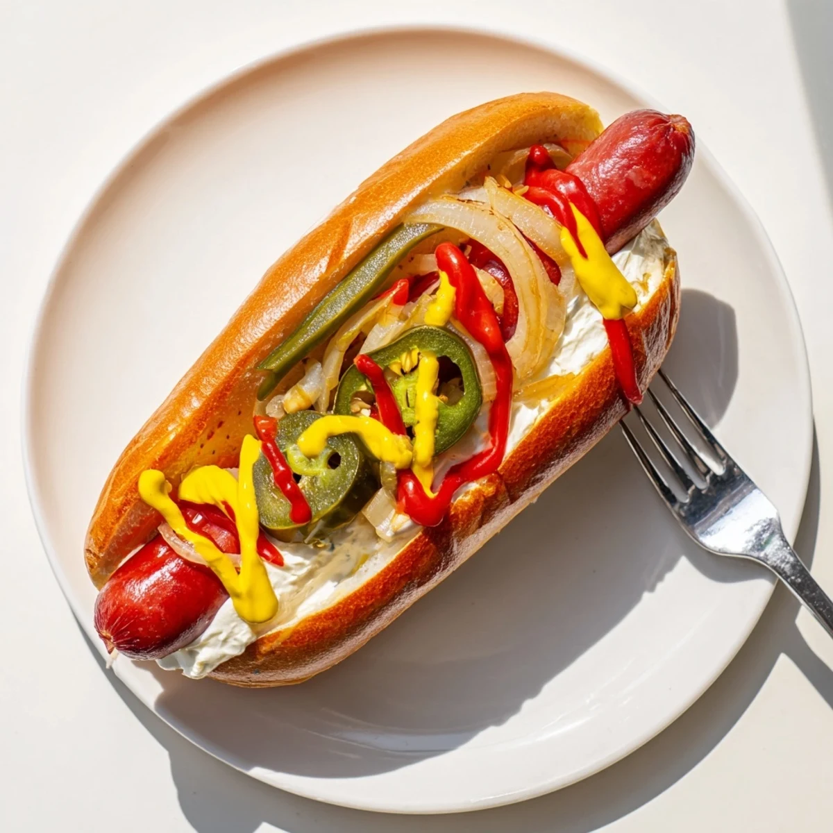 Juicy grilled Seattle hot dog featuring softened cream cheese spread and savory onions with drizzled mustard and ketchup