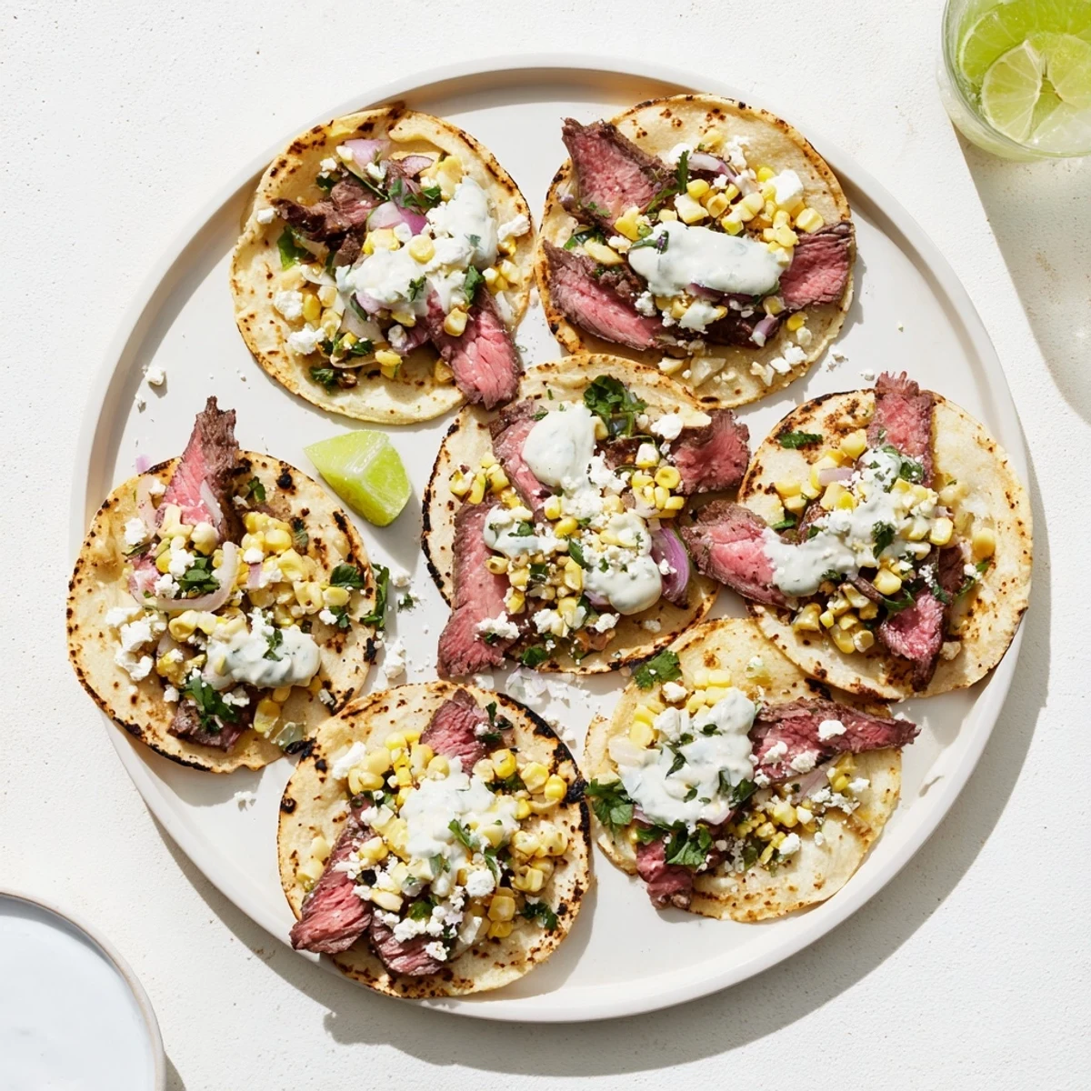Golden grilled steak elote tacos topped with creamy cotija, fresh cilantro, and zesty lime