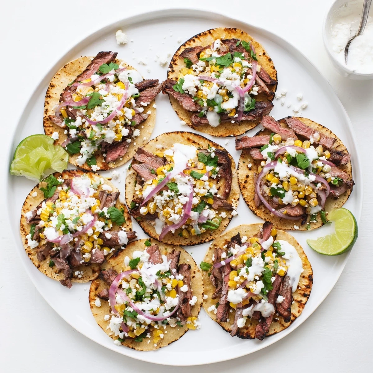 Flavorful grilled steak elote tacos layered with charred corn, tangy crema, and red onion