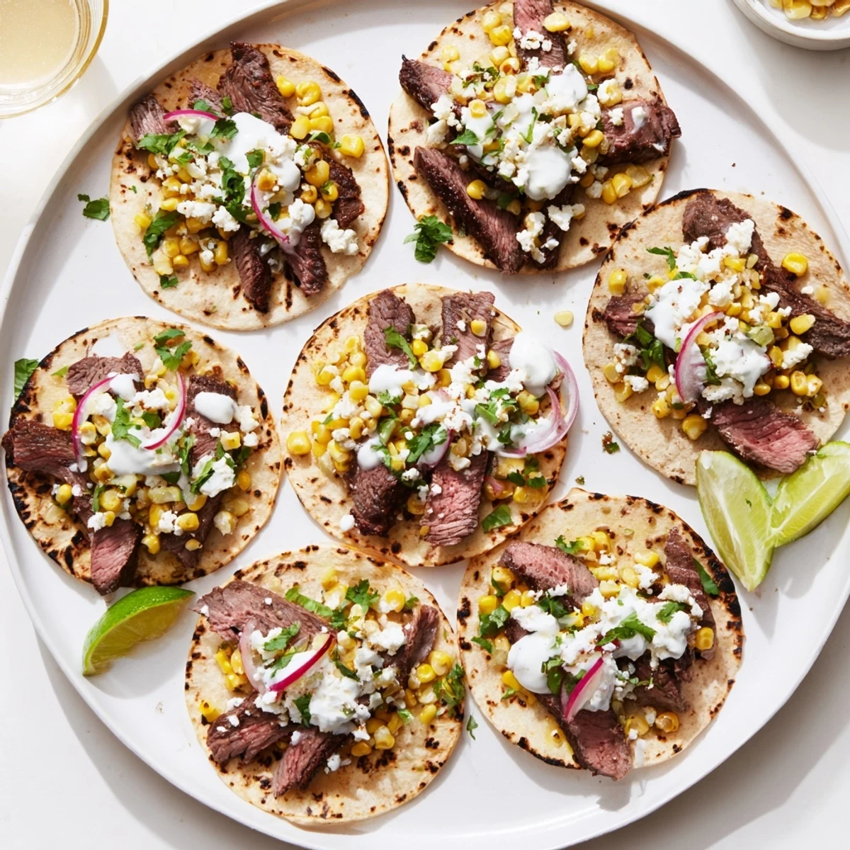 Vibrant grilled steak elote tacos featuring spiced meat, Mexican street corn, and crumbled cheese