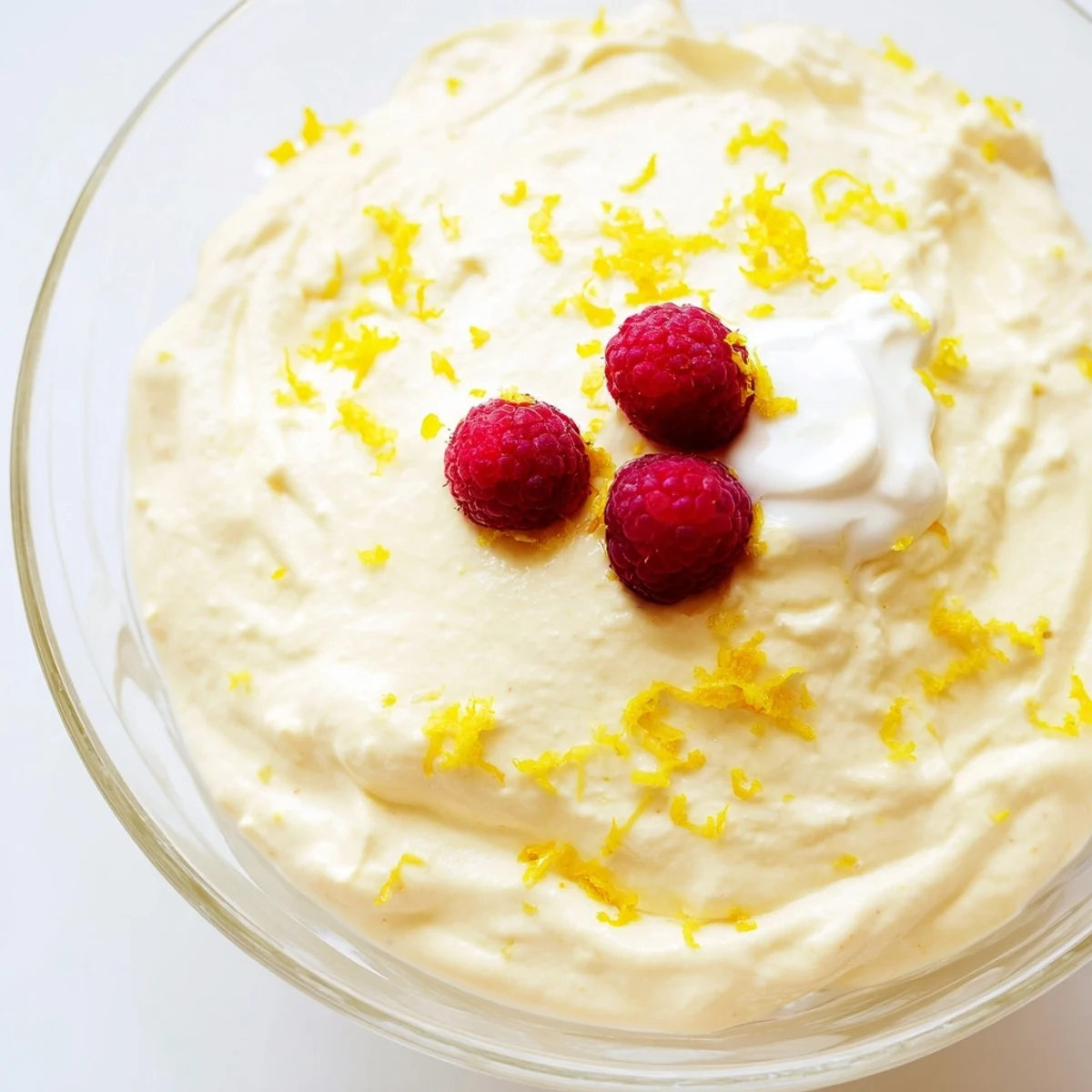 Creamy lemon cheesecake mousse in clear glass topped with fresh berries and lemon zest
