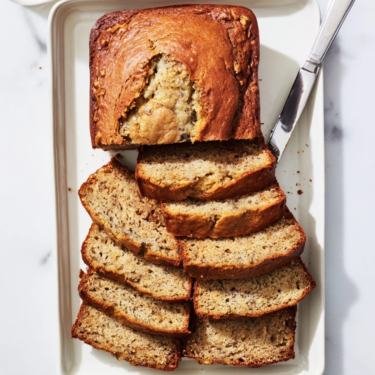 Golden brown best ever banana bread loaf with a cracked top, fresh from the oven