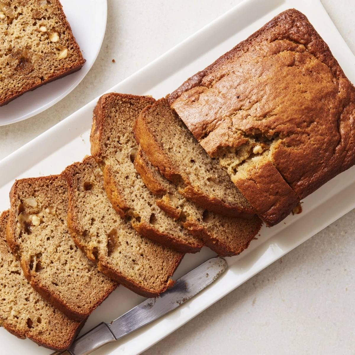 Homemade best ever banana bread with walnuts, perfectly sliced showing tender, fluffy interior texture