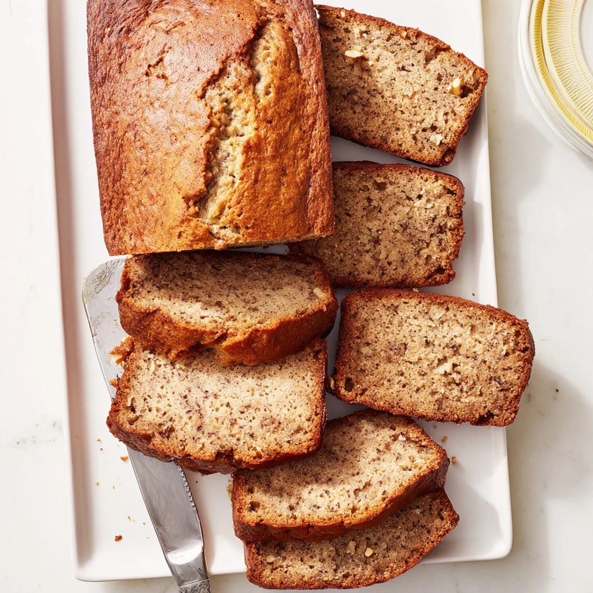 Thick slice of moist best ever banana bread served on a white plate with melted butter