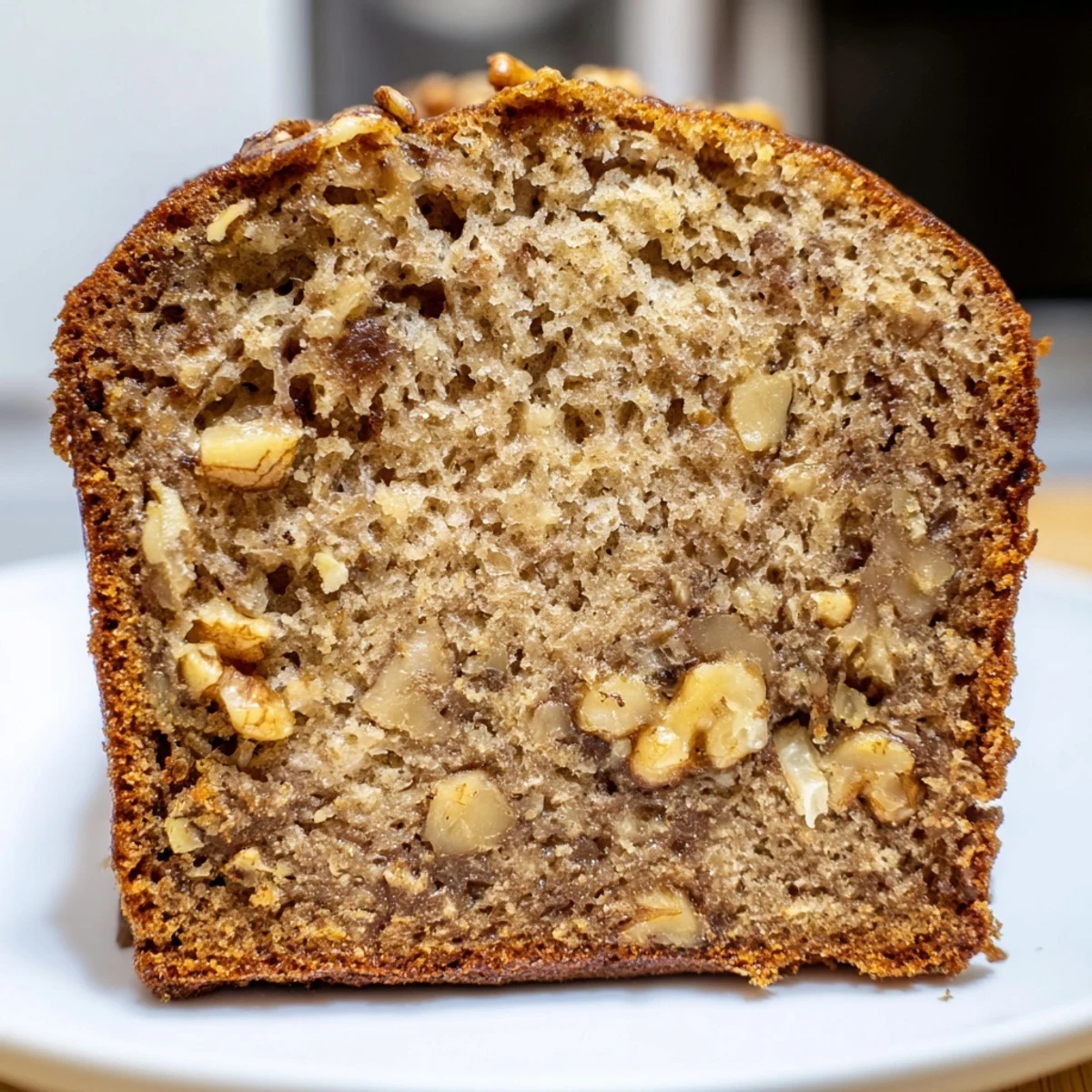 Golden loaf of ultimate banana nut bread topped with toasted walnuts on a rustic wooden board