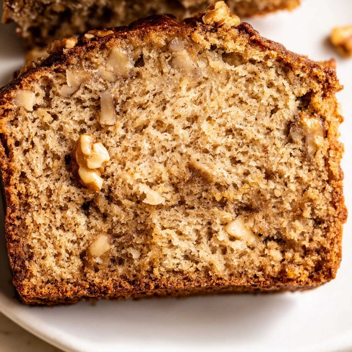Slice of moist ultimate banana nut bread revealing scattered walnuts inside, served on a white plate