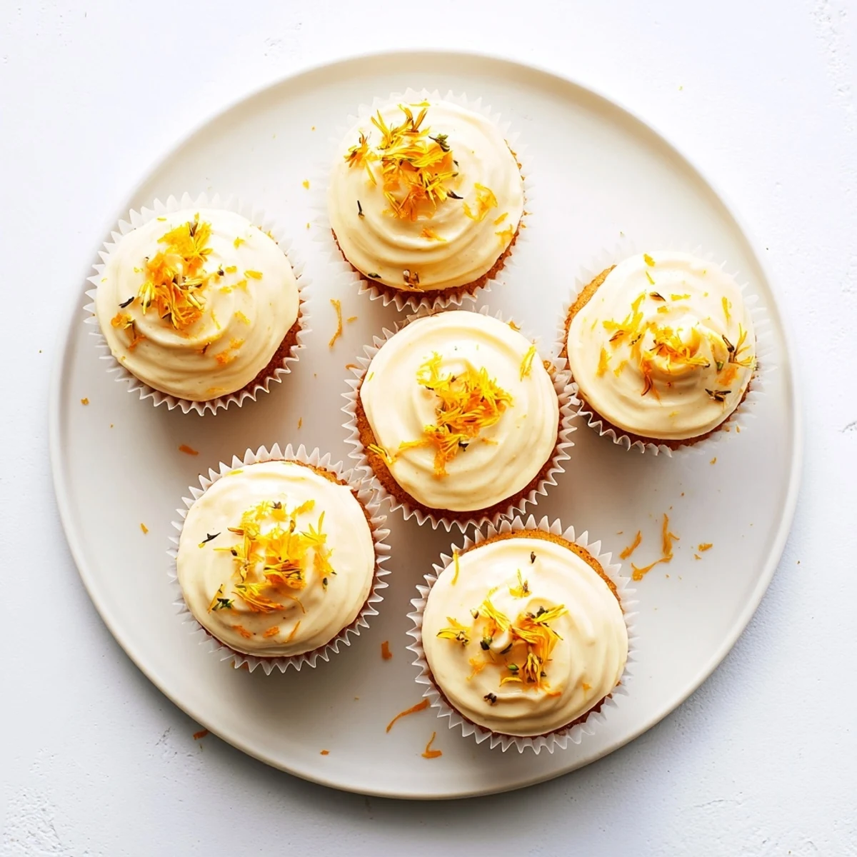 Golden orange blossom water cupcakes piped with fluffy citrus frosting and edible flower decorations