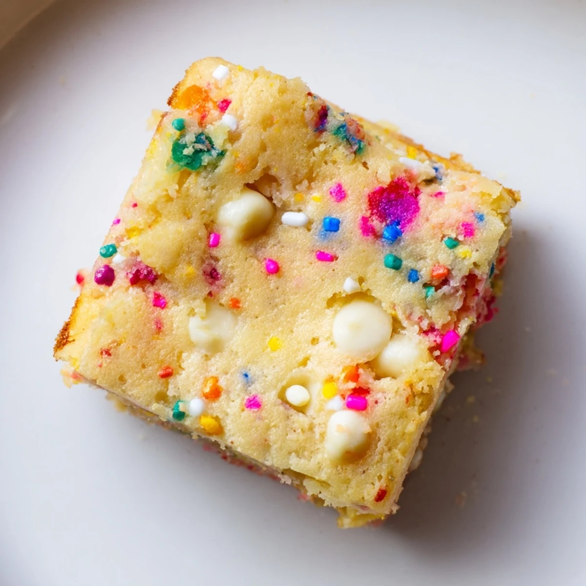 Golden spring funfetti blondies topped with rainbow sprinkles on a white plate