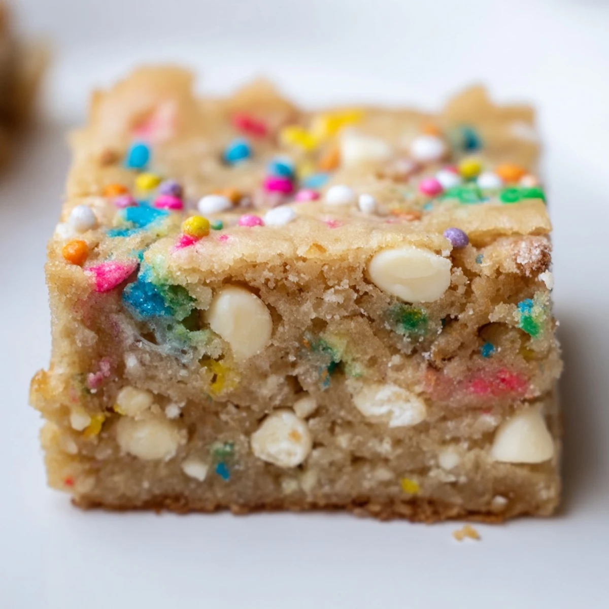 Freshly baked spring funfetti blondies studded with bright rainbow sprinkles and white chocolate chips