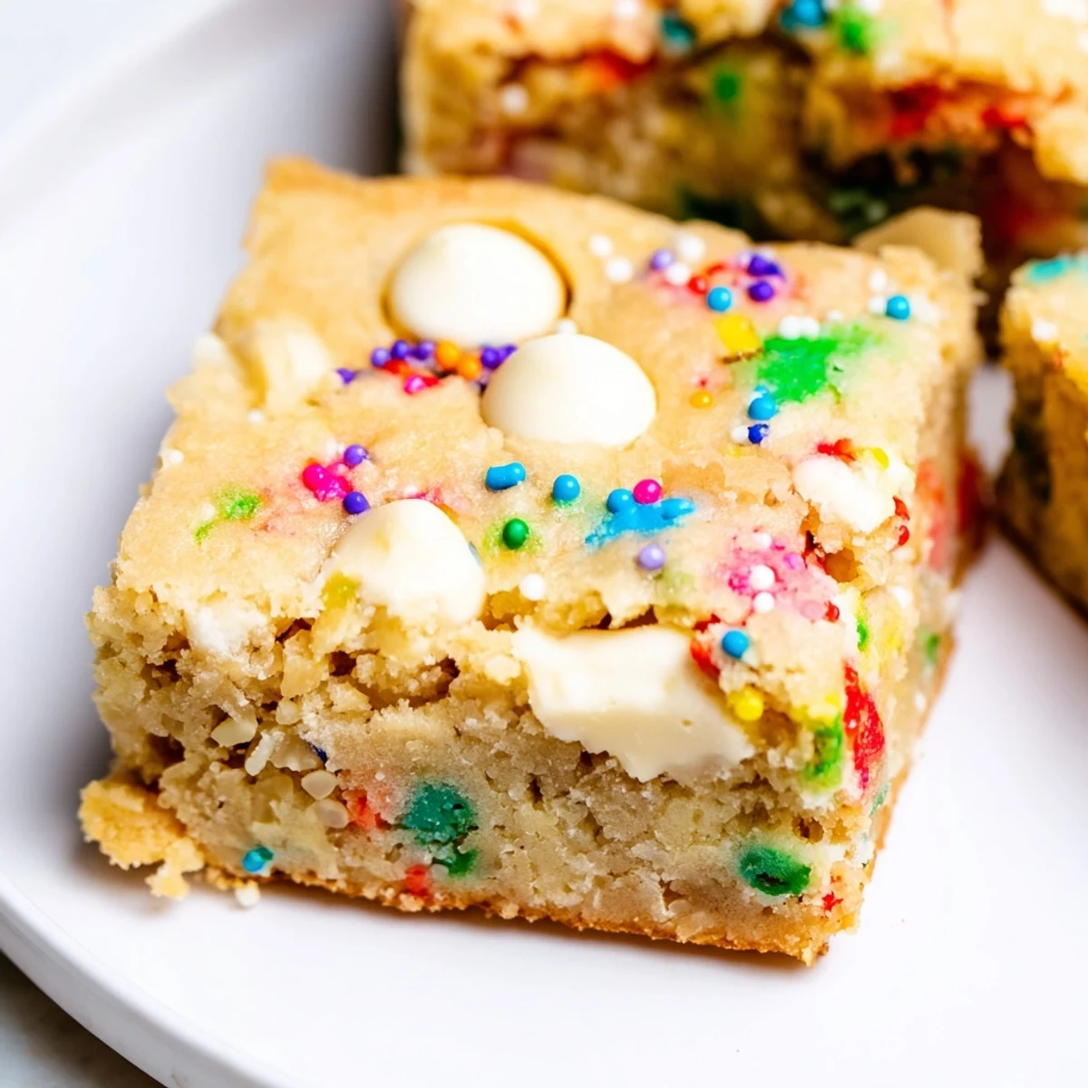 Buttery homemade spring funfetti blondies cut into squares with colorful confetti specks