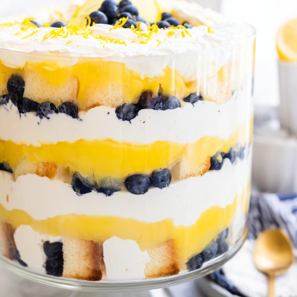 Glass trifle bowl showcasing layered lemon blueberry trifle with white whipped cream and bright blueberries