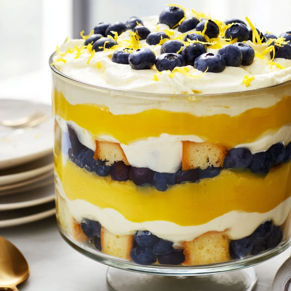 Spoon lifting creamy lemon blueberry trifle from glass bowl revealing cake fruit and whipped cream layers