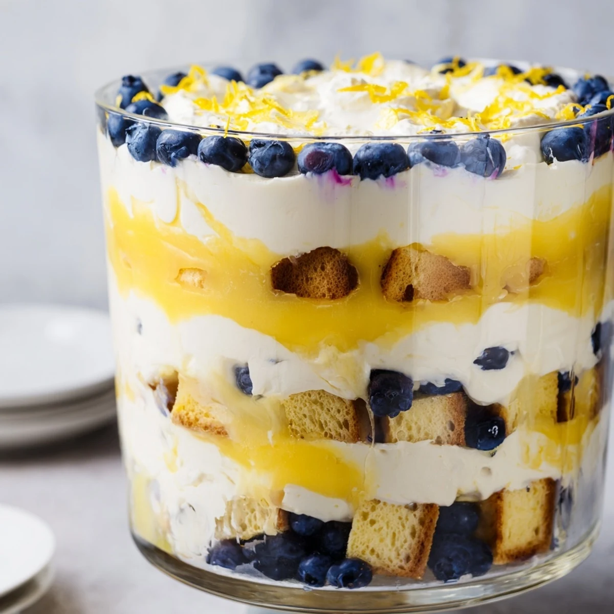 Easy lemon blueberry trifle dessert with fluffy cream layers and fresh fruit garnish on top
