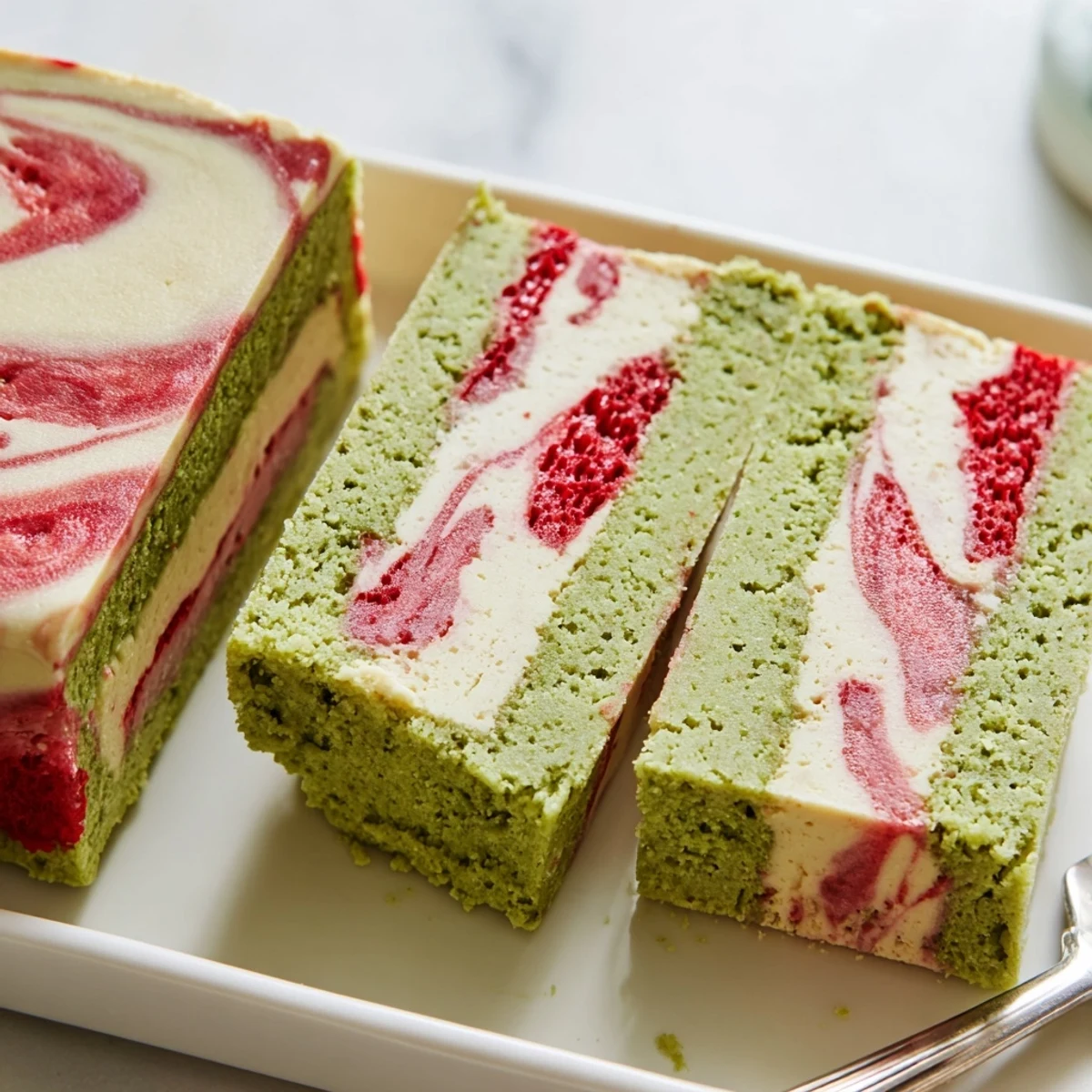 Green matcha shortbread base topped with creamy vanilla filling and bright red strawberry swirl patterns