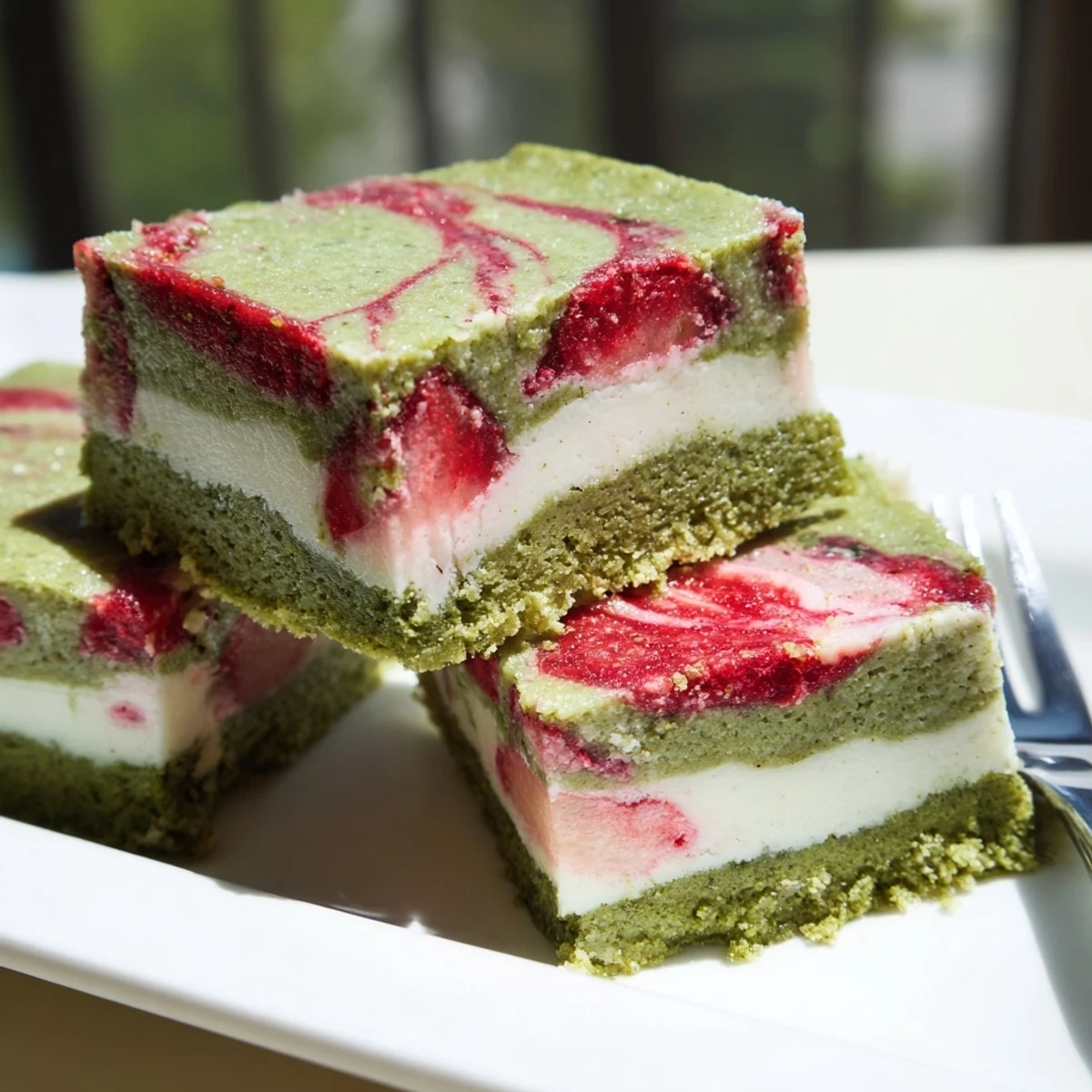 Square slices of matcha strawberry cream bars showing layered green base and marbled berry topping