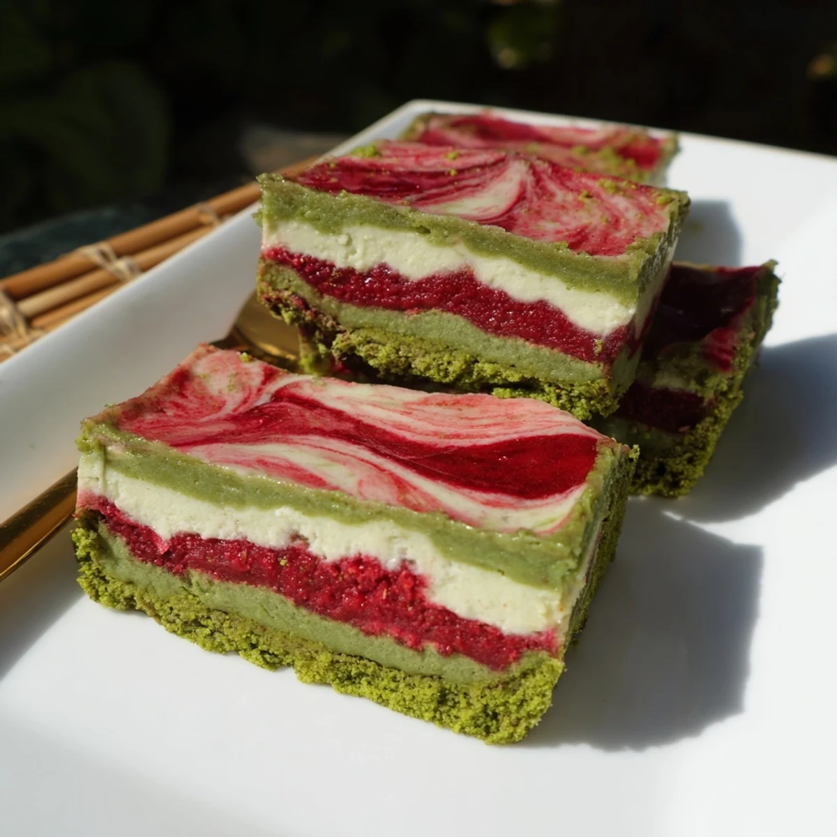 Homemade matcha strawberry cream bars on a white plate with vibrant red and green swirls