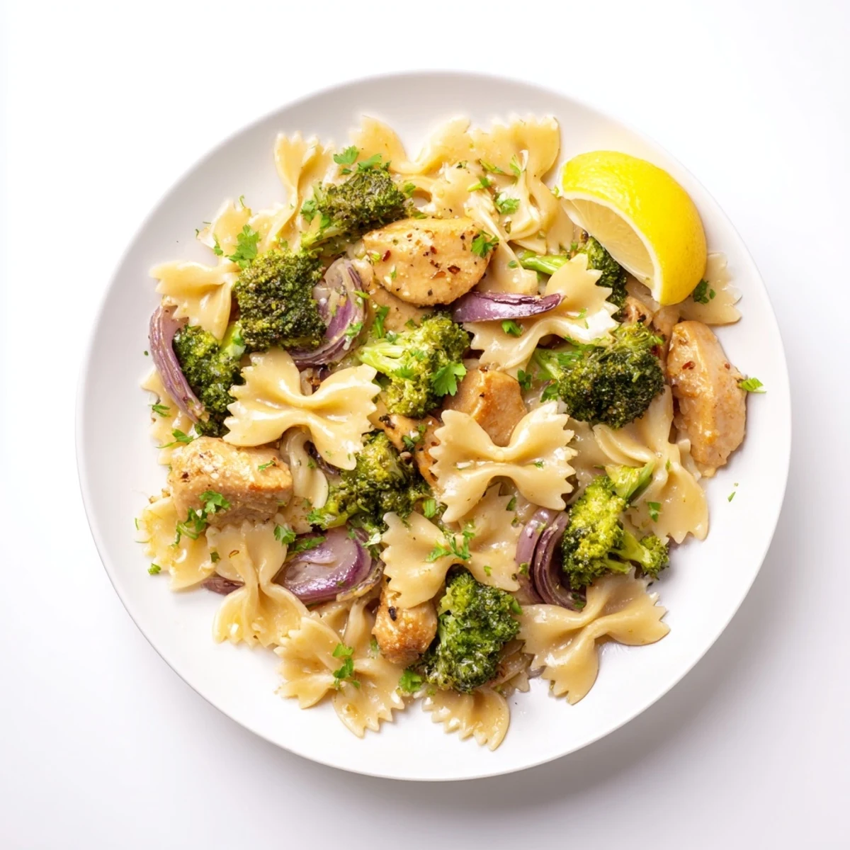 Golden bowtie pasta tossed with tender chicken and crisp broccoli in zesty cowboy butter lemon sauce