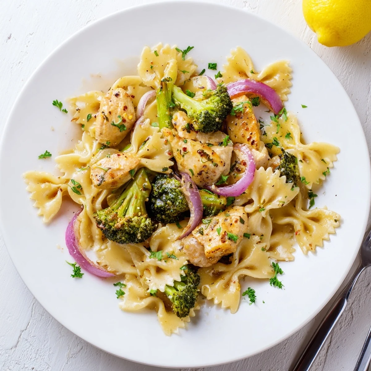 Creamy cowboy butter lemon pasta bowl featuring golden chicken pieces and bright green broccoli florets