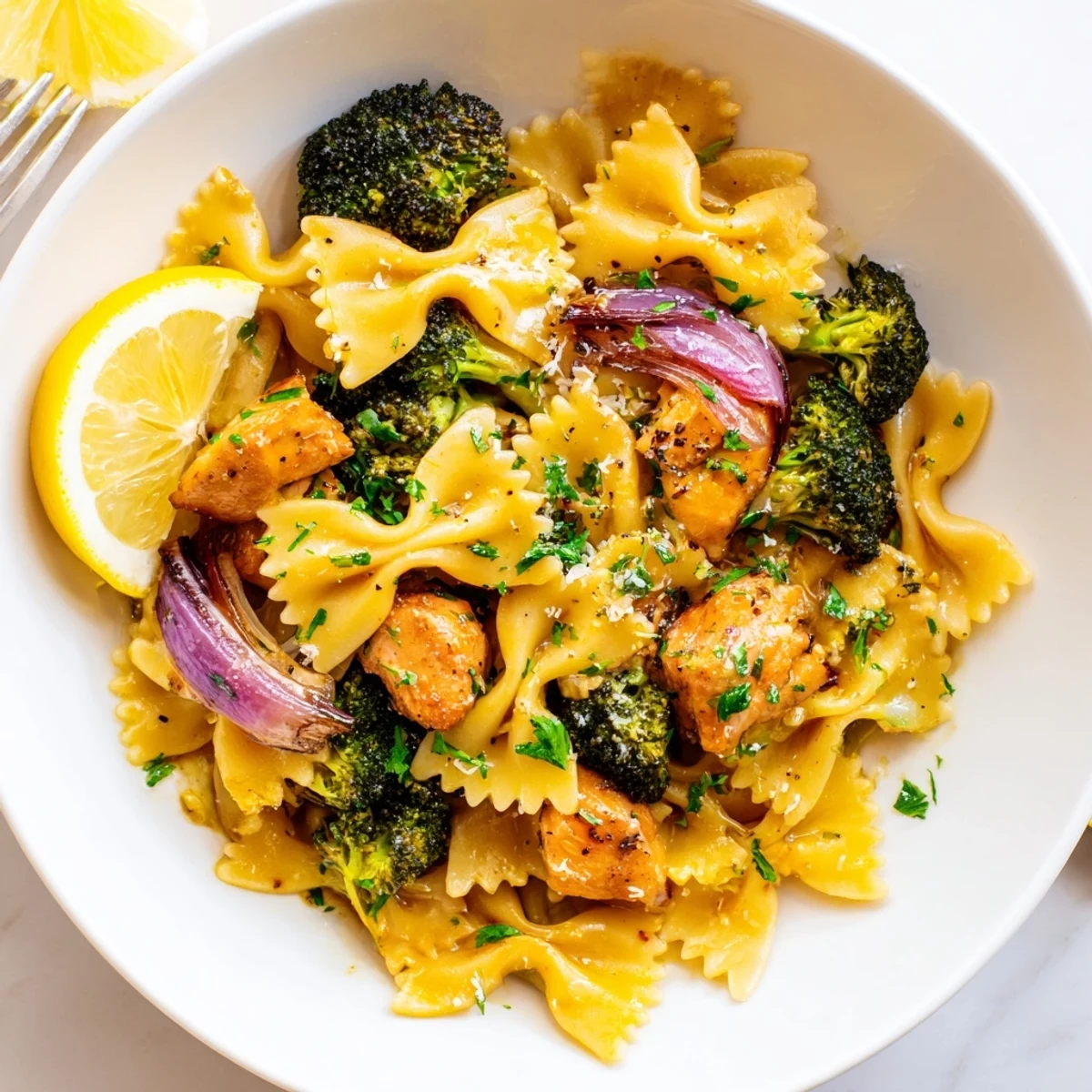 Savory lemon butter chicken bowtie pasta dish garnished with fresh herbs and parmesan cheese