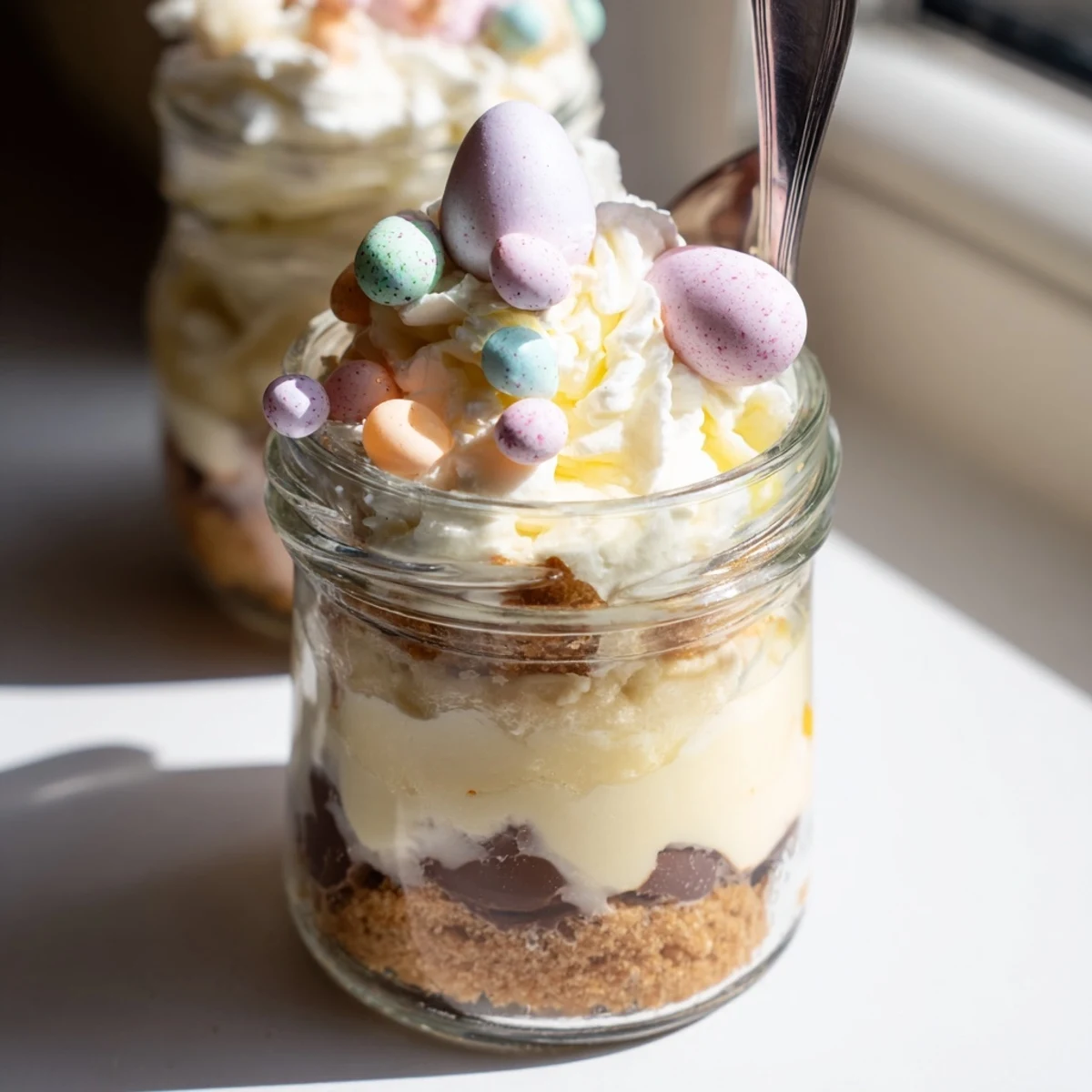 Creamy no-bake Easter Egg Cheesecake Jars layered with golden cookie crust and colorful mini chocolate eggs nestled inside