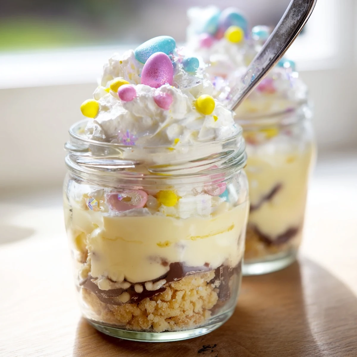 Individual glass jars filled with fluffy cheesecake filling and hidden surprise Easter eggs topped with whipped cream swirls