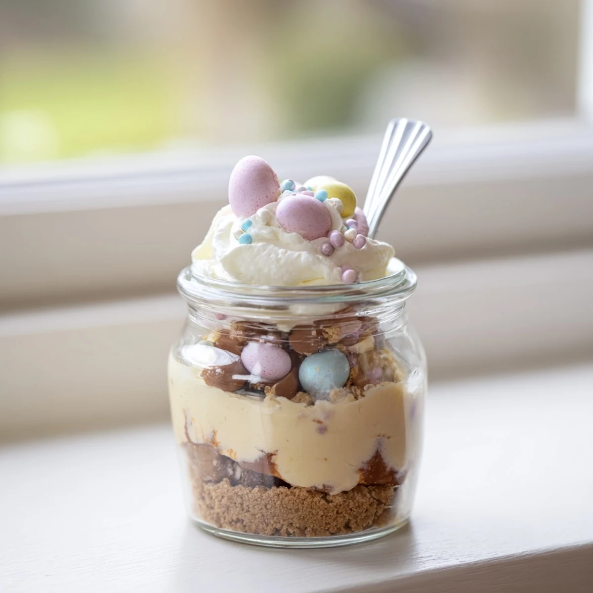 Festive Easter Egg Cheesecake Jars featuring pastel sprinkles and chocolate egg gems in portable dessert jars