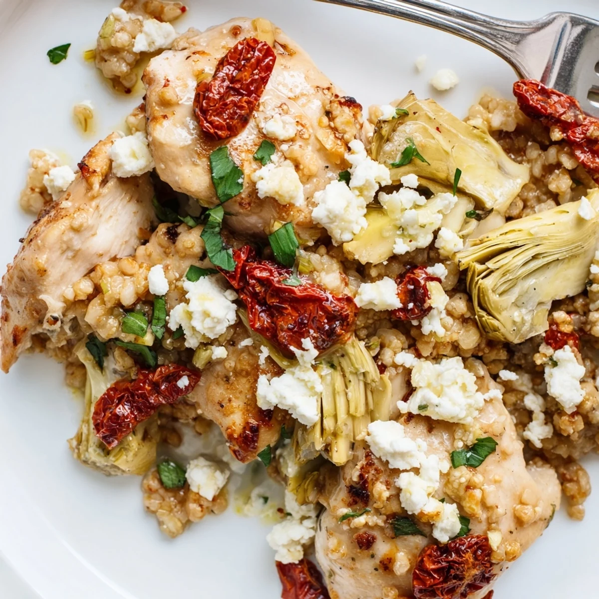 Tender broiled chicken artichoke dish served with sun-dried tomatoes and savory feta topping