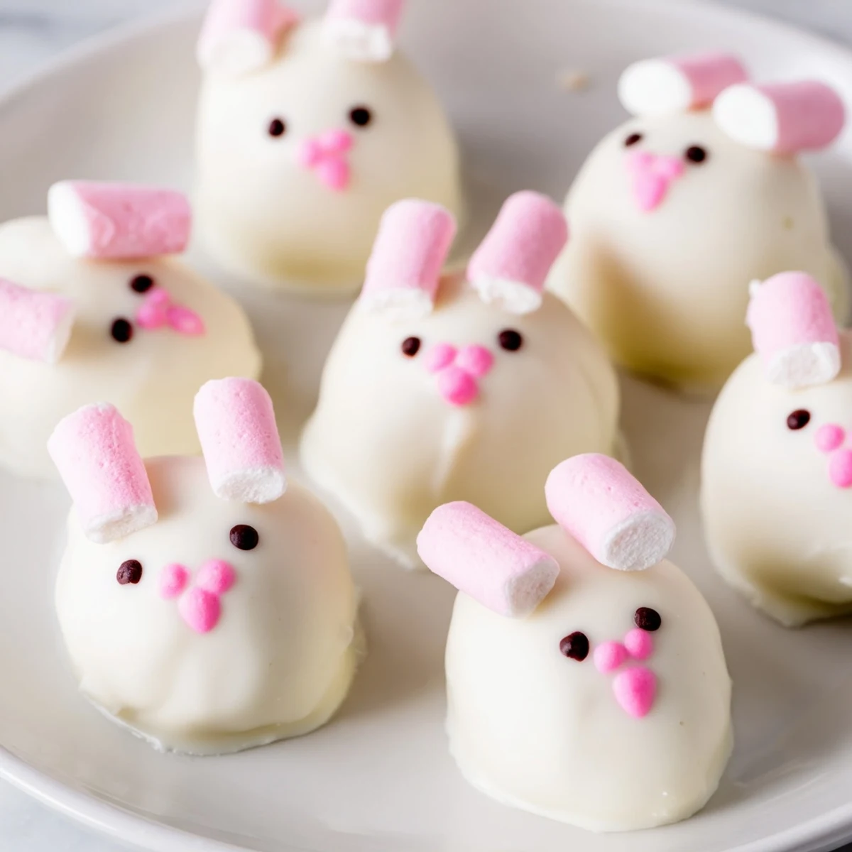 White chocolate-coated bunny Oreo balls decorated with pink ears and fluffy marshmallow tails for Easter