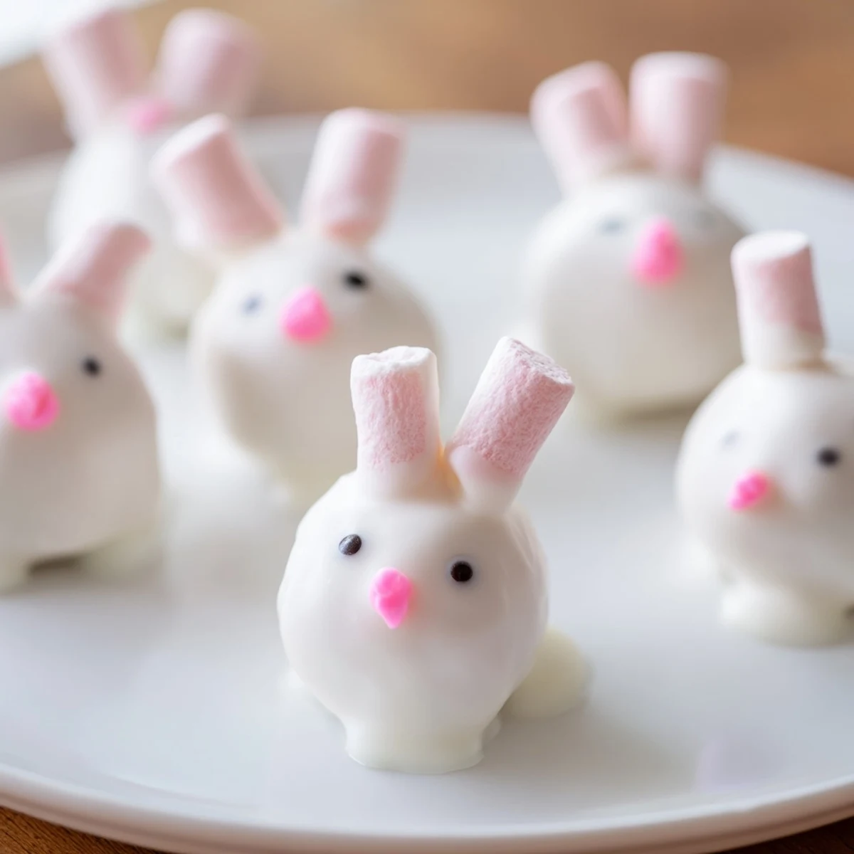 Chocolate-dipped bunny Oreo balls featuring marshmallow ears and black icing eyes for spring desserts