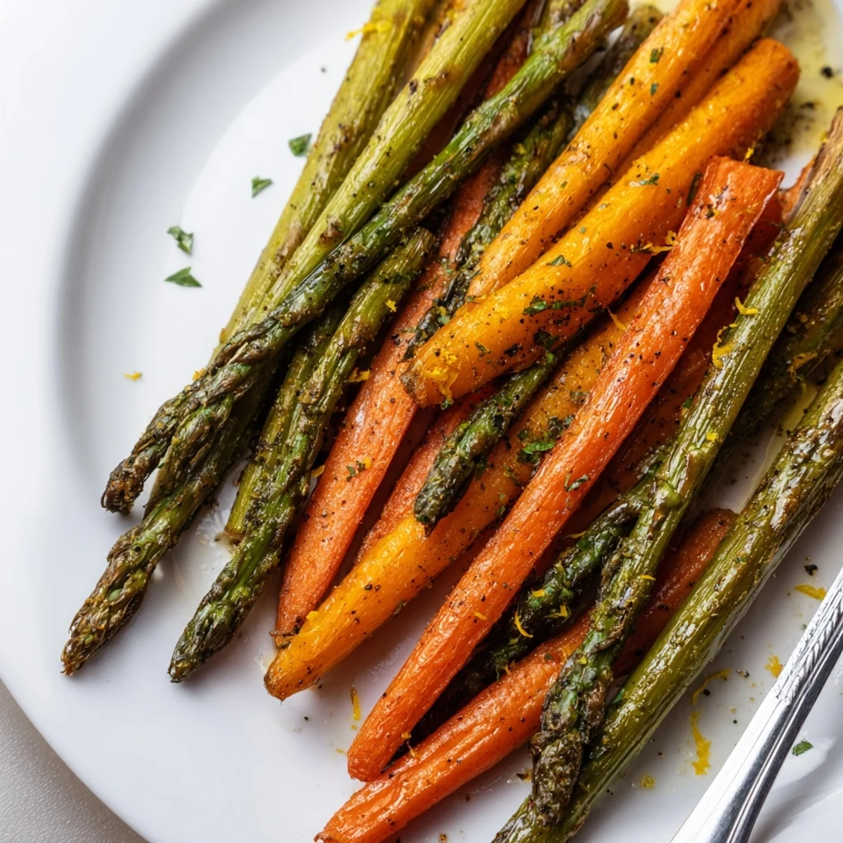 Golden roasted asparagus and carrots with caramelized edges and fresh green herbs on a white platter