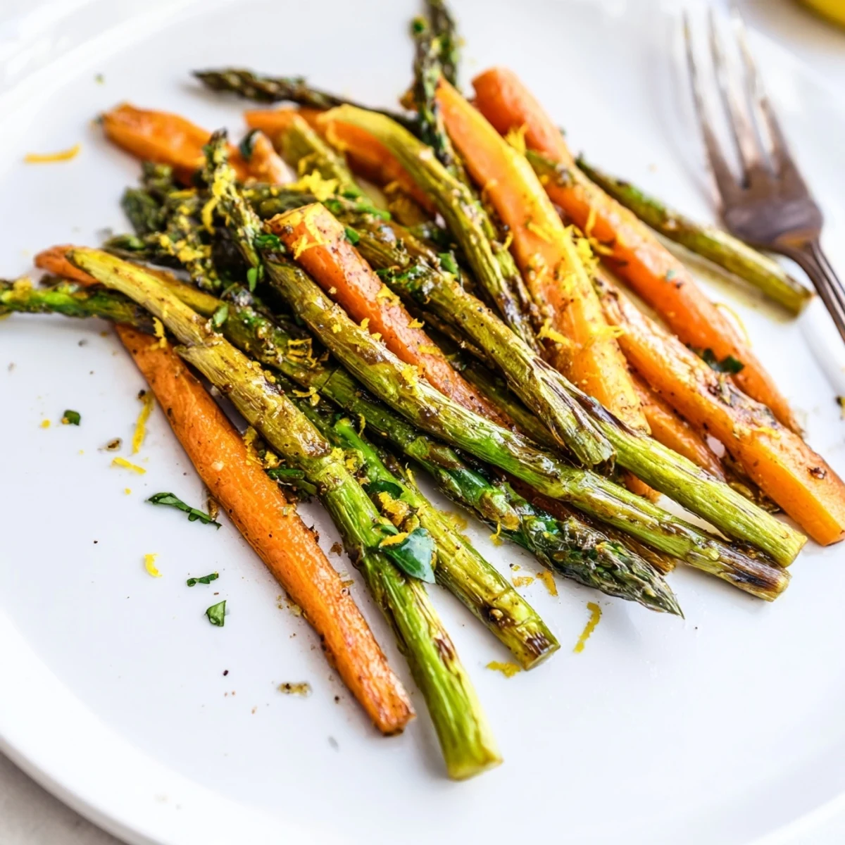 Colorful sheet pan roasted asparagus and carrots seasoned with olive oil and thyme for an easy vegetarian side