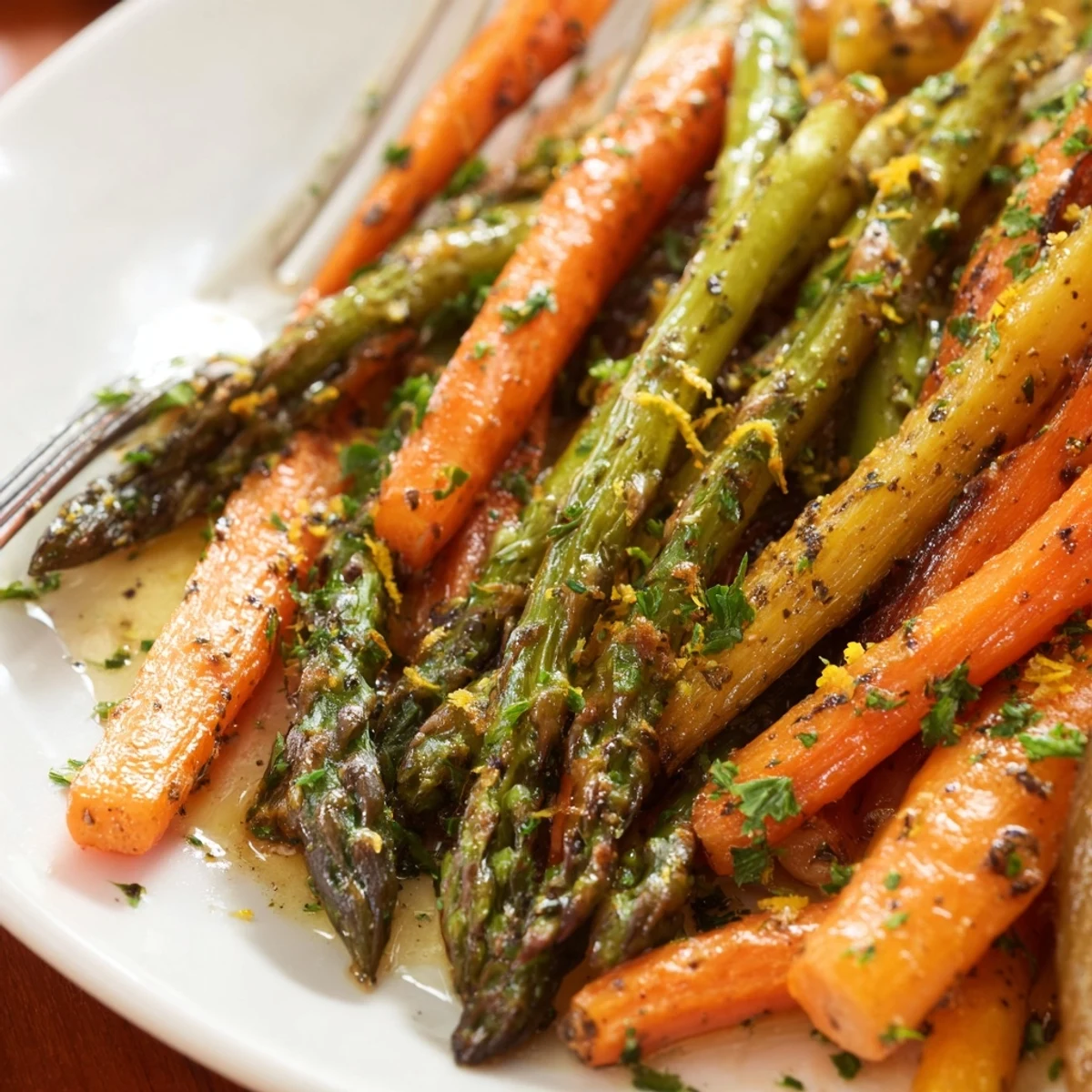 Tender roasted asparagus and sweet carrot sticks arranged on a baking sheet with crispy golden brown edges