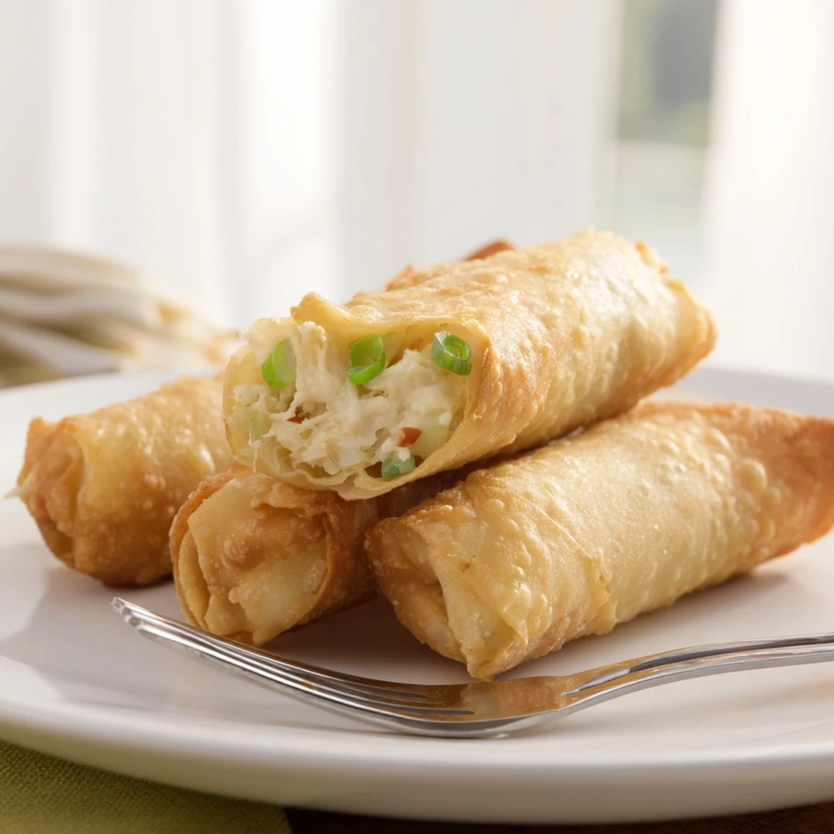 Golden fried Crab Rangoon egg rolls with creamy crab and cream cheese filling ready for dipping